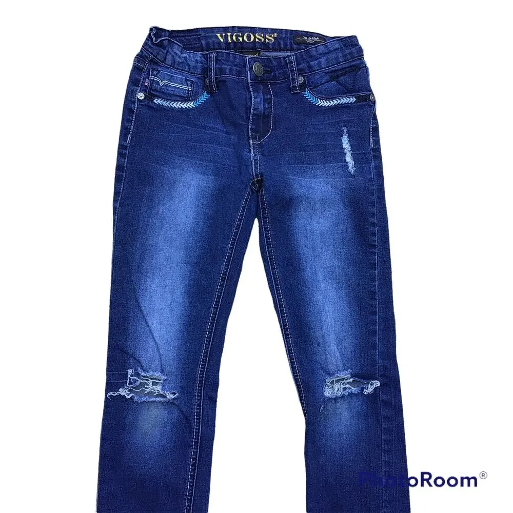 Vigoss The Jagger Skinny Girls Embroidered Distressed Jeans Sz 10